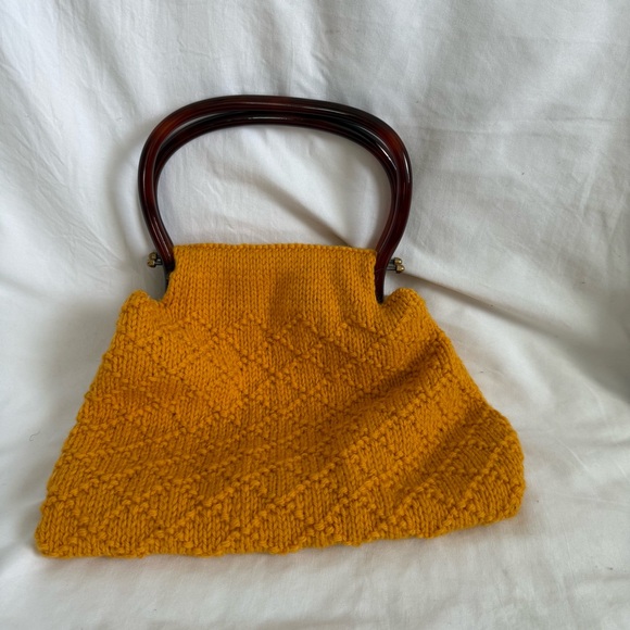 Yellow Knit Handbag with Brown Frame Handles - Picture 2 of 3
